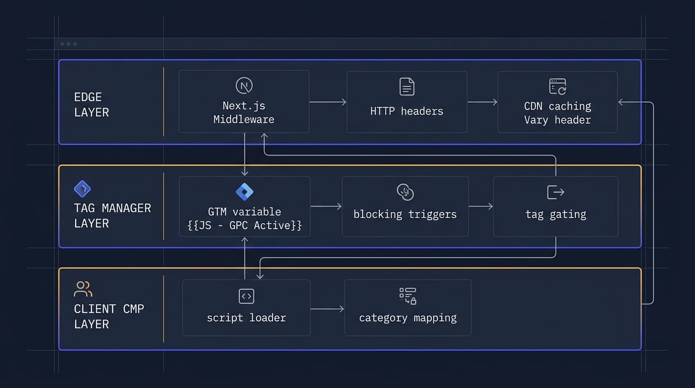 Three-tier GPC signal enforcement architecture showing Edge Middleware, Google Tag Manager container gating, and Client CMP script loading layers