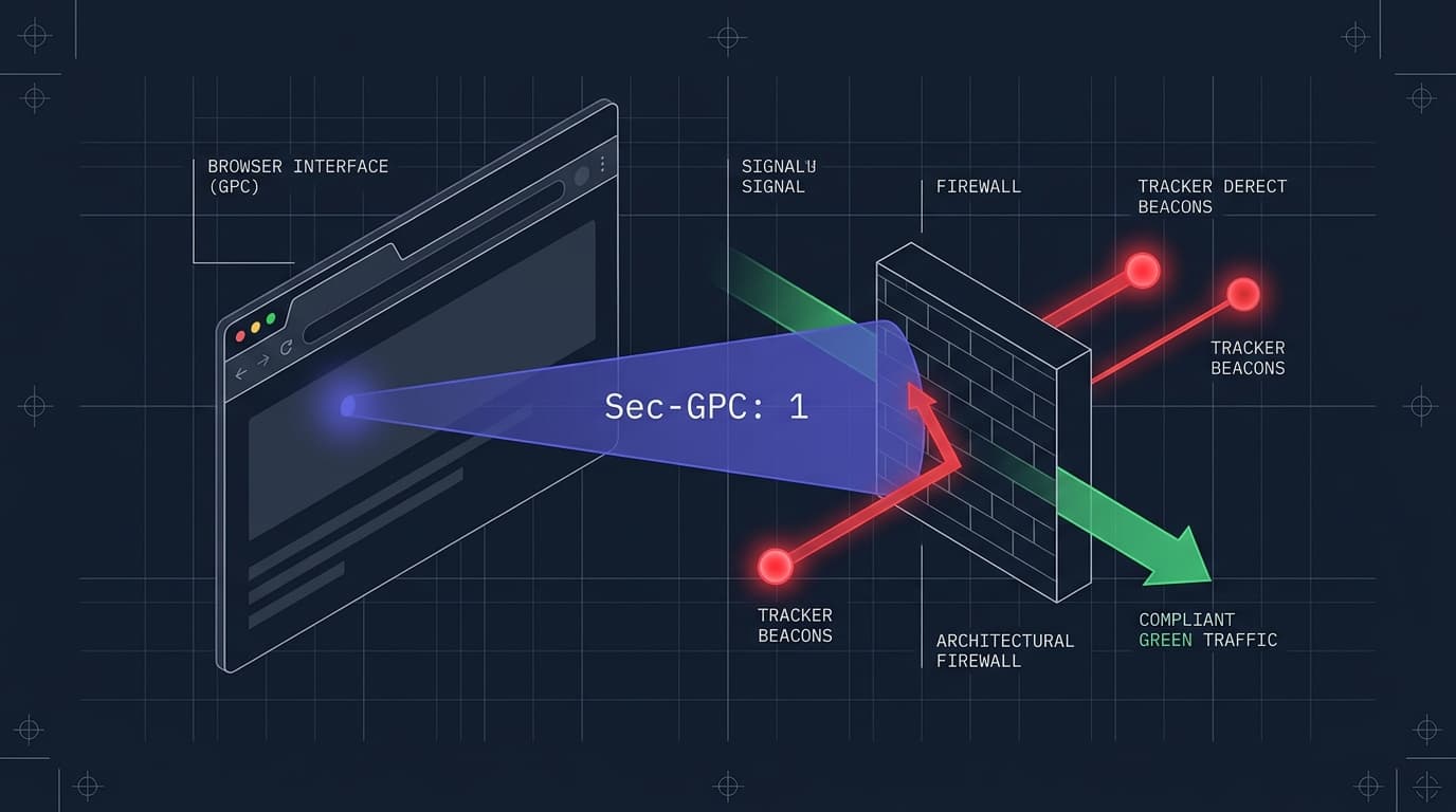 Global Privacy Control (GPC) architectural signal flow: Sec-GPC: 1 request header triggering automated firewall interception of third-party tracker beacons